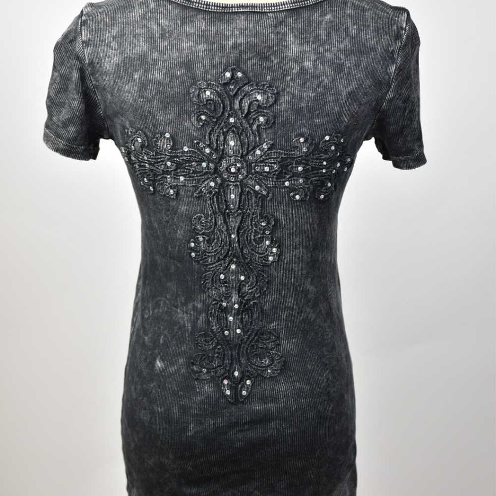 Sexy shirt with cross and rhinestones.